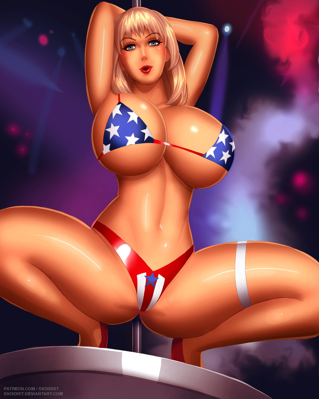 1girl american_flag_bikini armpits arms_behind_head arms_up bikini blonde_hair blue_eyes breasts curvy flag_print full_body highres huge_breasts lips lipstick looking_at_viewer makeup navel open_mouth parted_lips pole pole_dancing red_lipstick shiny shiny_skin smile solo spread_legs squatting stripper_pole svoidist swimsuit