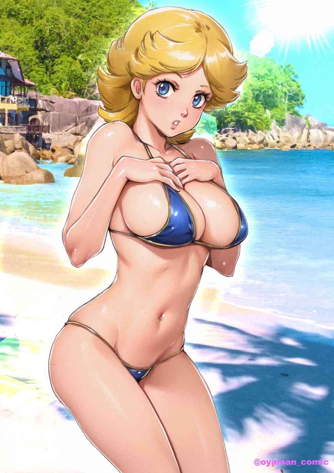 1girl artist_name bare_arms bare_shoulders beach bikini blonde_hair blue_bikini blue_eyes blush breasts cleavage collarbone commentary_request day gundam hands_on_own_chest hands_up highres kikka_kitamoto looking_at_viewer medium_breasts medium_hair navel oyaman parted_bangs parted_lips photo_background shadow shiny_skin stomach swimsuit thighs water