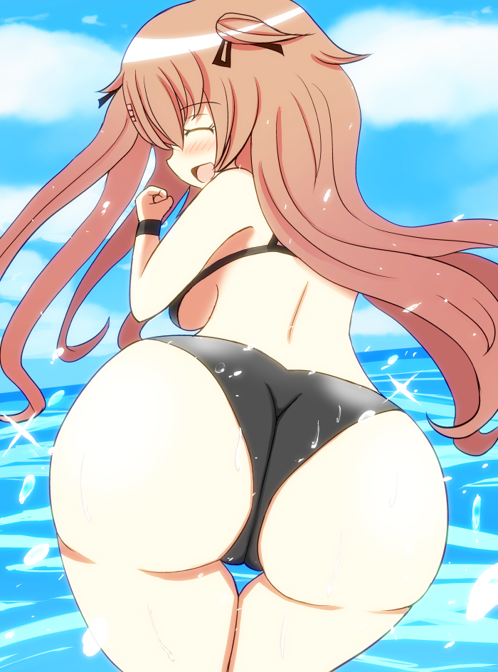 1girl artist_request ass bangs bare_shoulders bikini blush breasts brown_hair eyebrows_visible_through_hair eyes_closed hair_between_eyes hair_flaps hair_ornament hair_ribbon hairclip huge_ass kantai_collection leaning leaning_forward long_hair murasame_(kantai_collection) ribbon shiny shiny_hair shiny_skin smile solo swimsuit twintails very_long_hair water wet wet_hair