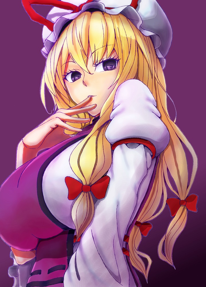 armlet blonde_hair bow breasts commentary_request eyelashes fingers_to_mouth from_below hair_bow hair_ribbon hat hat_ribbon large_breasts long_hair looking_at_viewer mob_cap purple_background purple_eyes red_bow ribbon robe simple_background solo tabard tomiokasena touhou tress_ribbon upper_body very_long_hair white_robe yakumo_yukari