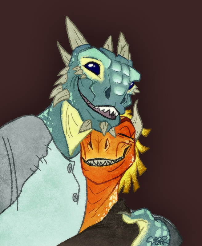 anthro argonian blue_eyes blue_skin clothing couple_(disambiguation) cute embrace eyes_closed feathers female galoogamelady horn larger_male love male orange_skin scalie selfie simple_background size_difference smile tan_skin the_elder_scrolls video_games