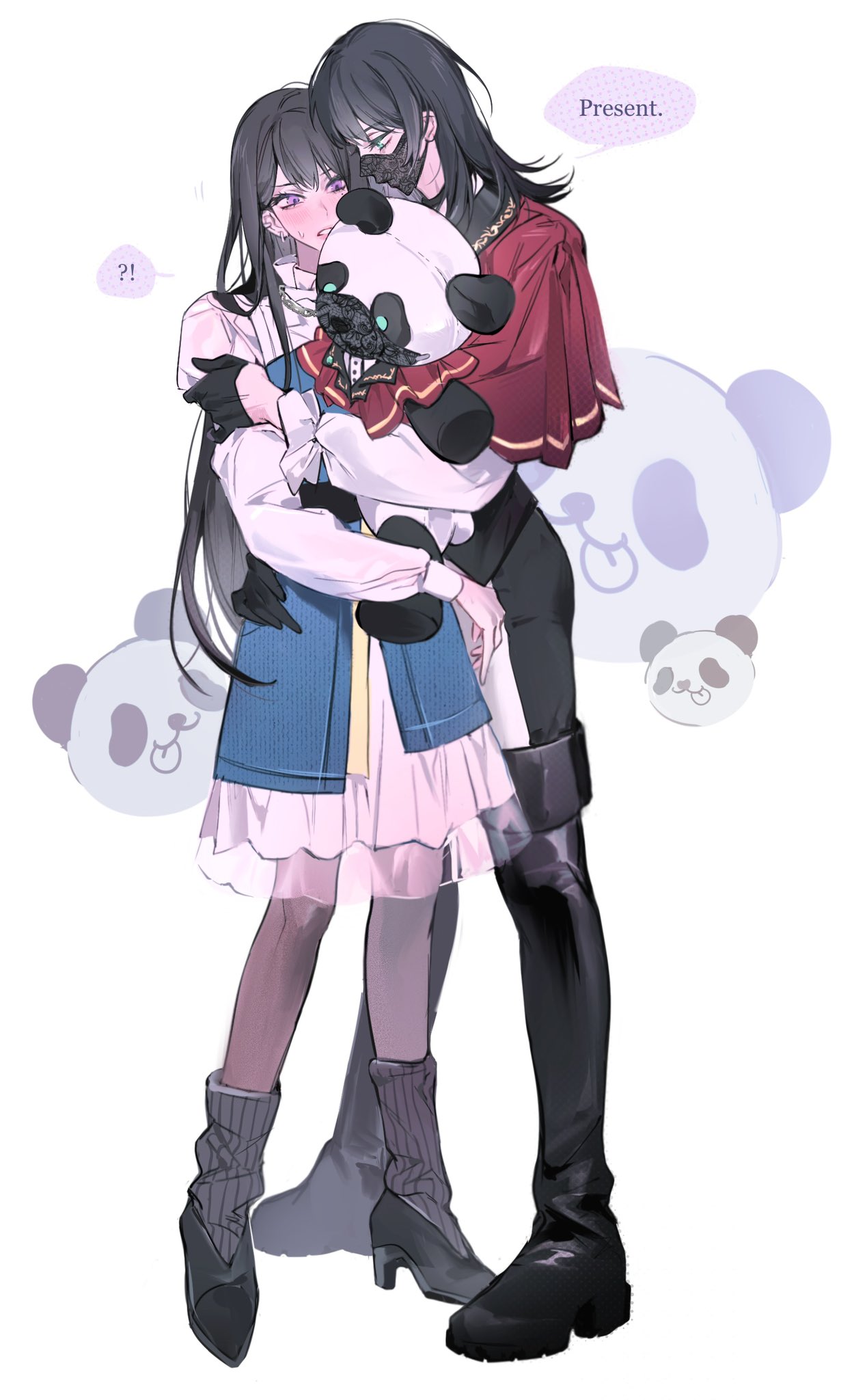 !? 2girls baggy_socks bang_dream! bang_dream!_it's_mygo!!!!! black_footwear black_gloves black_hair black_pants black_pantyhose black_socks blue_skirt blush boots capelet closed_mouth collared_shirt commentary ear_piercing earrings english_text full_body gloves green_eyes half_gloves high_heels highres holding holding_stuffed_toy hug jewelry lace long_hair long_sleeves m_omoo mask medium_hair mole mole_under_eye mouth_mask multiple_girls necklace open_mouth pants pantyhose piercing purple_eyes red_capelet shiina_taki shirt simple_background skirt socks speech_bubble spoken_interrobang stuffed_animal stuffed_panda stuffed_toy sweatdrop thigh_boots white_background white_shirt yahata_umiri yuri