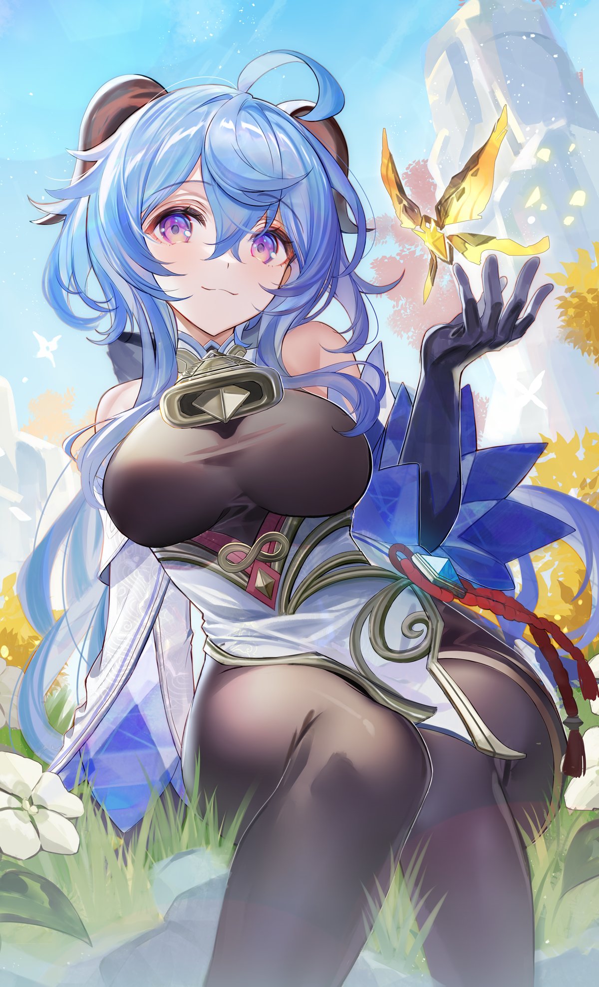 1girl :3 ahoge bare_shoulders black_gloves black_pantyhose blue_hair blue_sky bodystocking breasts commentary_request crystalfly_(genshin_impact) day detached_sleeves feet_out_of_frame flower ganyu_(genshin_impact) genshin_impact gloves grass hair_between_eyes high-waist_skirt highres horns kawachi_rin large_breasts long_hair long_sleeves looking_at_viewer pantyhose purple_eyes sitting skirt sky smile solo very_long_hair white_flower white_skirt