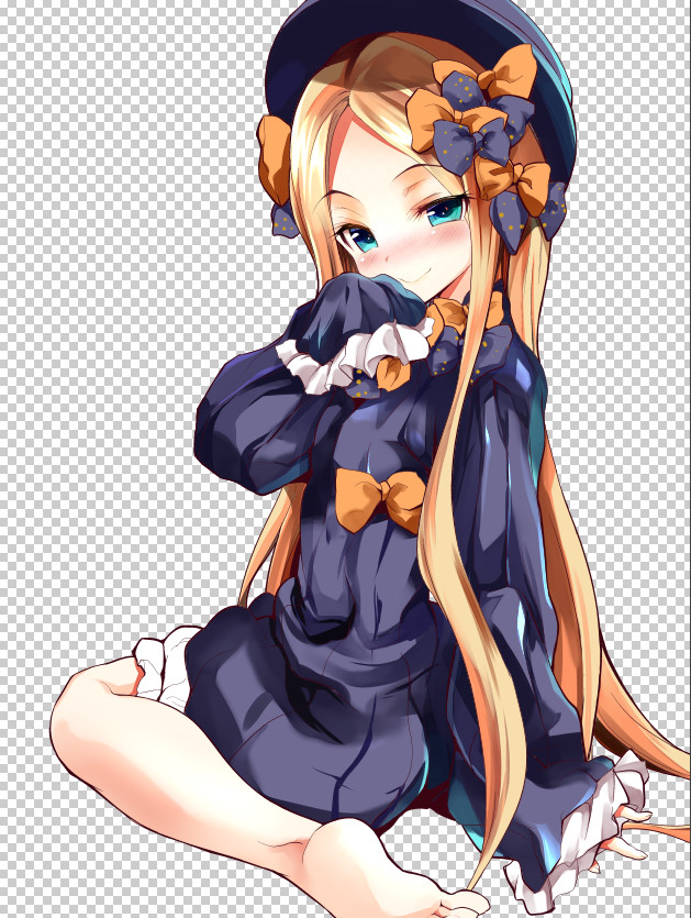 abigail_williams_(fate/grand_order) bangs barefoot black_bow black_dress black_hat blonde_hair bloomers blue_eyes blush bow checkered checkered_background closed_mouth commentary_request dress eyebrows_visible_through_hair fate/grand_order fate_(series) forehead hair_bow hand_up hat head_tilt l-trap long_hair long_sleeves looking_at_viewer looking_to_the_side nose_blush orange_bow parted_bangs polka_dot polka_dot_bow sleeves_past_fingers sleeves_past_wrists smile soles solo underwear very_long_hair white_bloomers