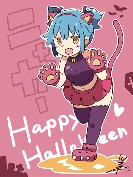 :d alternate_hairstyle animal_ears bangs bat bell blue_hair blush_stickers cat_ears commentary_request crop_top eyebrows_visible_through_hair fake_animal_ears fang full_body gloves hair_ribbon hairband halloween happy_halloween heart jack-o'-lantern jingle_bell looking_at_viewer miniskirt navel nyan open_mouth outline paw_boots paw_gloves paws personification pink_skirt purple_legwear purple_shirt ribbon shirt short_twintails sidelocks signature skirt sleeveless sleeveless_shirt smile solo standing standing_on_one_leg tail thighhighs tsukigi twintails twitter twitter-san twitter-san_(character) white_outline yellow_eyes