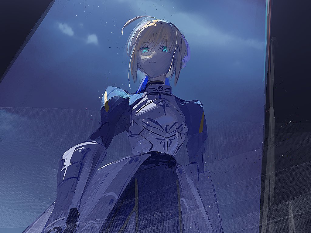 1girl ahoge armor armored_dress artoria_pendragon_(fate) blonde_hair blue_dress dress expressionless fate/stay_night fate_(series) from_below green_eyes looking_at_viewer night saber_(fate) sketch sky solo ubwmitekure upper_body