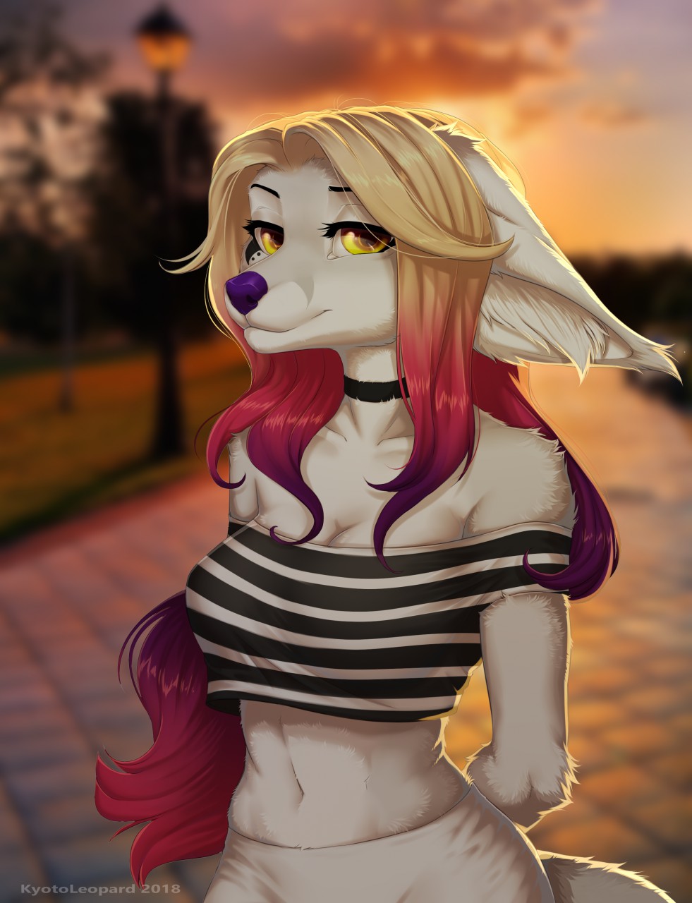 2018 anthro blurred_background breasts canine clothed clothing day detailed_background digital_media_(artwork) eyelashes female fox inner_ear_fluff kyotokisha15 mammal outside purple_nose sky smile solo yellow_eyes