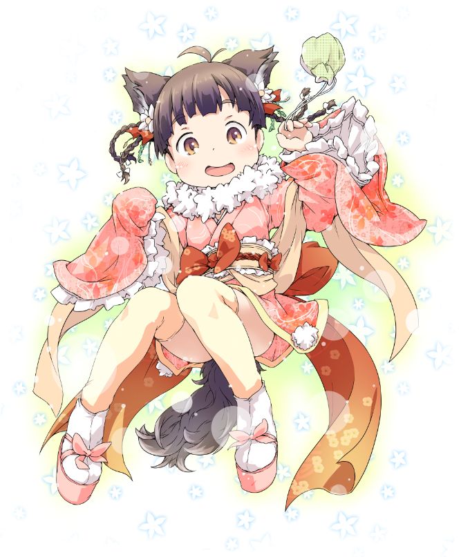 :d animal_ears bike_shorts braid brown_eyes brown_hair child commentary_request dog_ears dog_tail ham_(points) japanese_clothes kimono kinchaku obi open_mouth original pouch ribbon sash simple_background smile solo tabi tail zouri