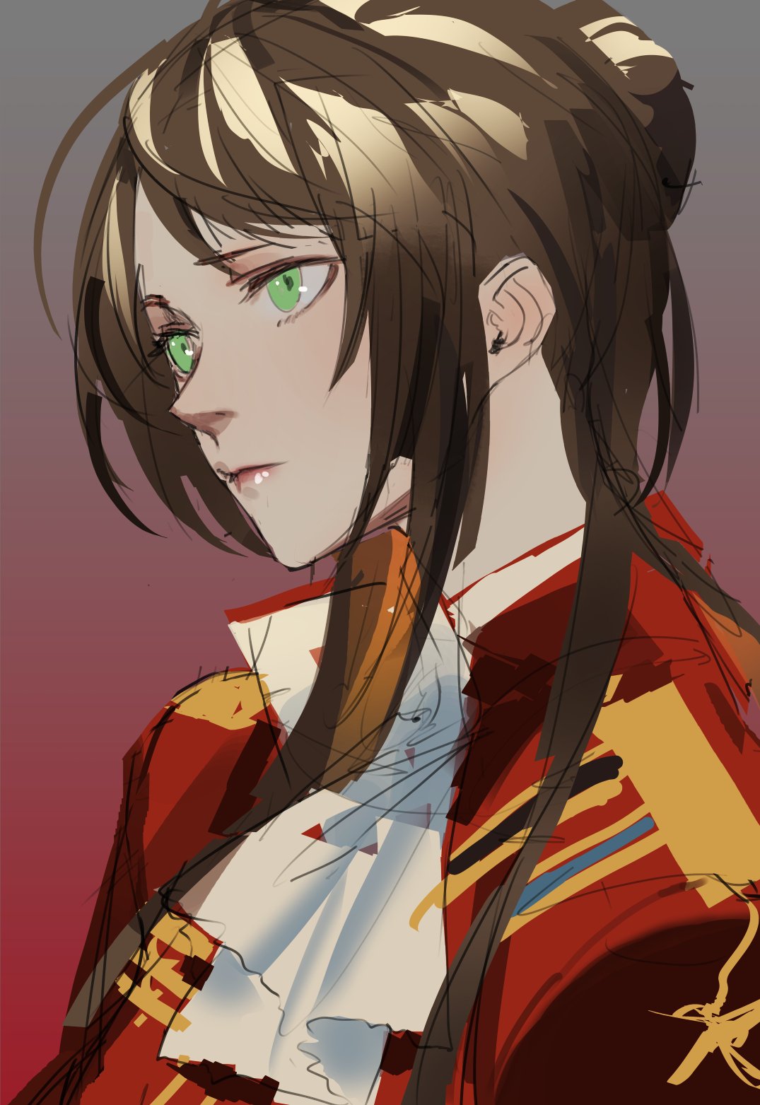 braid brown_hair closed_mouth coat commentary_request eyebrows_visible_through_hair french_braid from_side girls_frontline green_eyes highres korean_commentary lee-enfield_(girls_frontline) long_hair luin_y military military_uniform red_coat red_lips sidelocks solo uniform white_neckwear