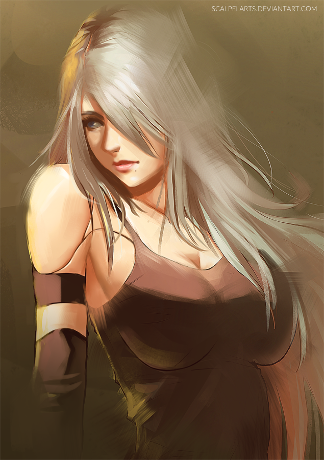 android armlet bangs bare_shoulders black_gloves breasts cleavage commentary deviantart_username elbow_gloves english_commentary gloves hair_over_one_eye large_breasts long_hair looking_to_the_side mole mole_under_mouth nier_(series) nier_automata pink_lips robot_joints scalpelarts silver_hair tank_top yorha_type_a_no._2