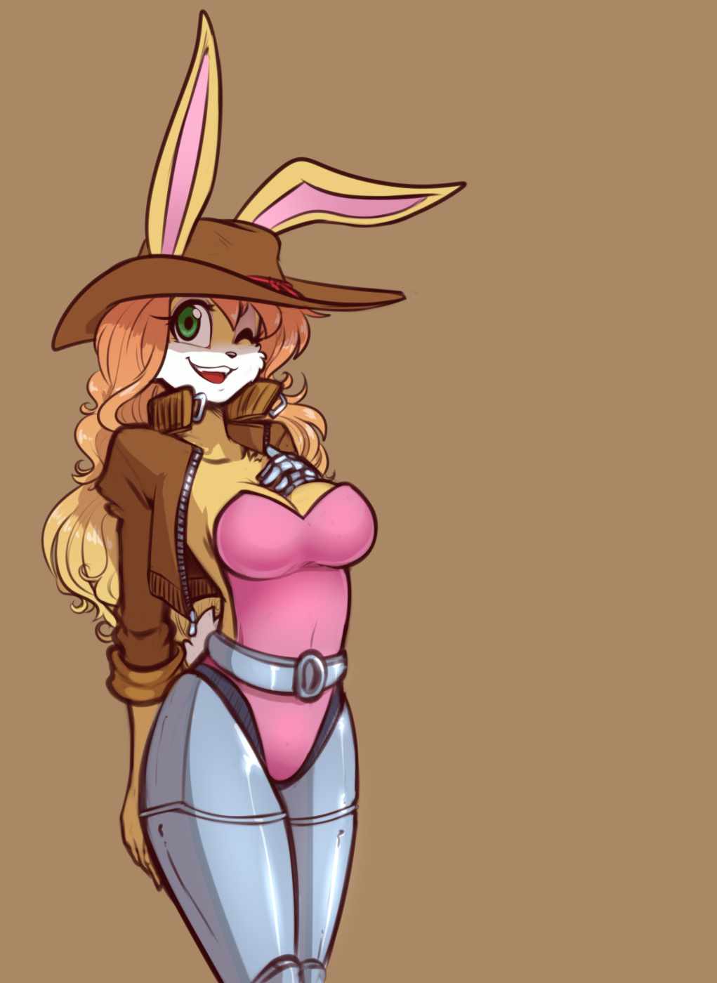 2018 anthro breasts bunnie_rabbot cleavage clothed clothing digital_media_(artwork) female green_eyes hair hat hi_res lagomorph long_hair looking_at_viewer mammal one_eye_closed open_mouth open_smile rabbit scorpdk simple_background smile solo sonic_(series) wink