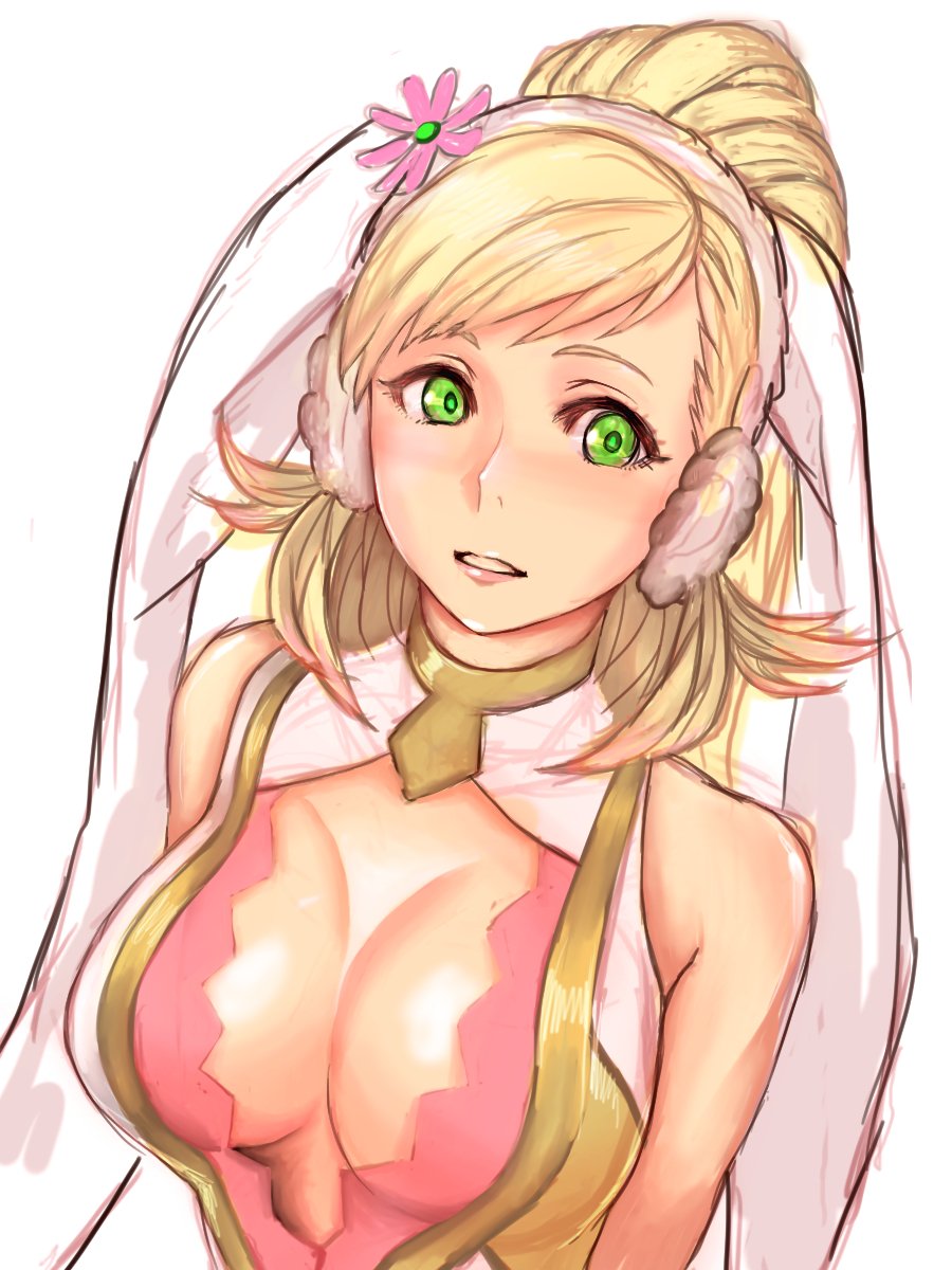 animal_ears bare_shoulders blonde_hair breasts bunny_ears cleavage cleavage_cutout commentary_request fake_animal_ears fire_emblem fire_emblem_heroes flower green_eyes hair_flower hair_ornament highres long_hair medium_breasts parted_lips pocari66 ponytail sharena simple_background solo white_background