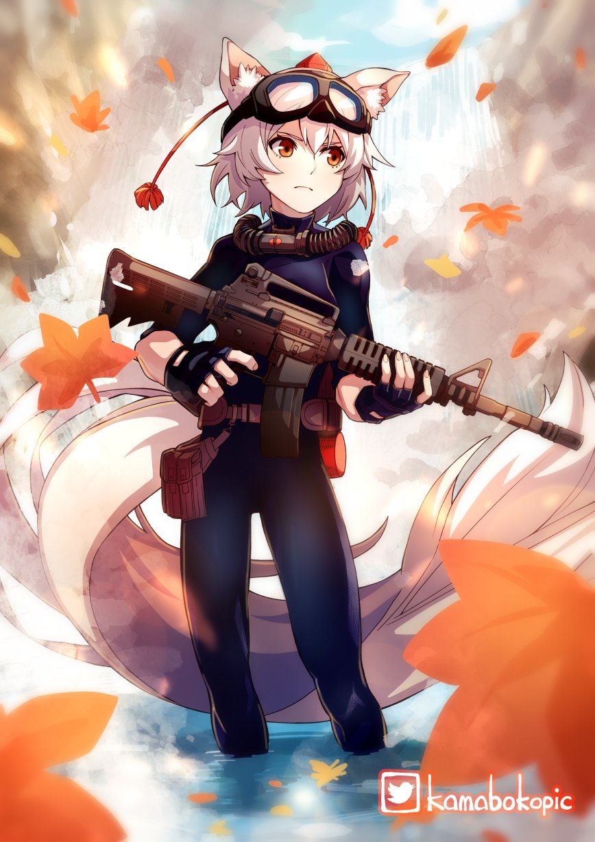 animal_ears assault_rifle autumn_leaves blue_bodysuit blue_wetsuit bodysuit commission diving_mask diving_mask_on_head diving_suit finger_on_trigger fingerless_gloves frogman gloves goggles goggles_on_head gun highres holding holding_weapon hose inubashiri_momiji kamabokopic looking_to_the_side m4_carbine magazine_(weapon) orange_eyes pouch rebreather rifle scuba scuba_gear short_hair short_sleeves skeb_commission tail touhou twitter_username very_long_tail wading weapon wetsuit white_hair wolf_ears wolf_tail