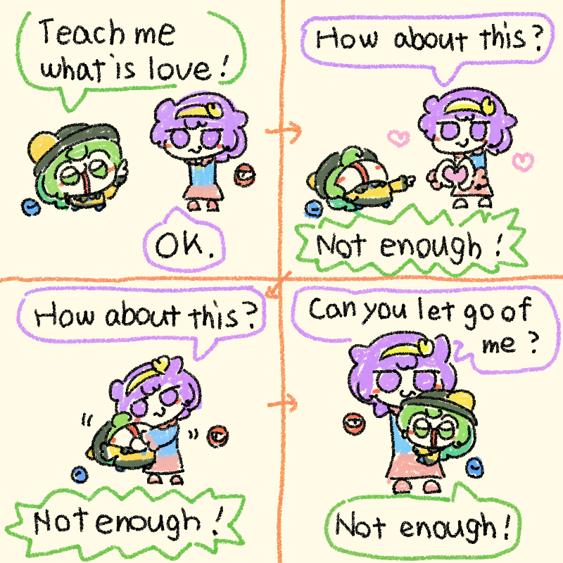 2girls :s black_headwear commentary english_commentary english_text green_eyes green_hair hairband komeiji_koishi komeiji_satori multiple_girls numenoko open_mouth pink_skirt purple_eyes purple_hair siblings simple_background sisters skirt speech_bubble tan_tan_pou third_eye touhou yellow_background yellow_hairband