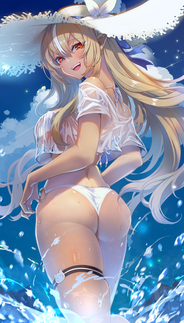 1girl ass bikini blonde_hair blue_sky blush breasts cloud commentary_request crop_top dark-skinned_female dark_elf dark_skin day elf floating_hair flower from_behind hair_between_eyes halterneck hat hat_flower highres hololive large_breasts lens_flare long_hair looking_at_viewer looking_back multicolored_hair o-ring o-ring_bikini omoti_(1201208) open_mouth outdoors pointy_ears red_eyes see-through see-through_shirt shiranui_flare shirt short_sleeves skindentation sky smile solo straw_hat streaked_hair swimsuit teeth thigh_strap upper_teeth_only very_long_hair virtual_youtuber water wet wet_clothes wet_shirt white_bikini white_flower white_hair