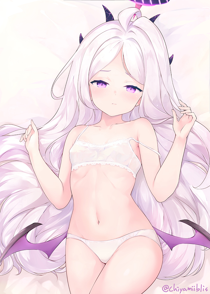 1girl ahoge bare_shoulders blue_archive blush bra breasts chiyami collarbone forehead halo hina_(blue_archive) horns long_hair looking_at_viewer multiple_horns navel panties parted_bangs purple_eyes small_breasts solo thighs underwear white_bra white_hair white_panties wings