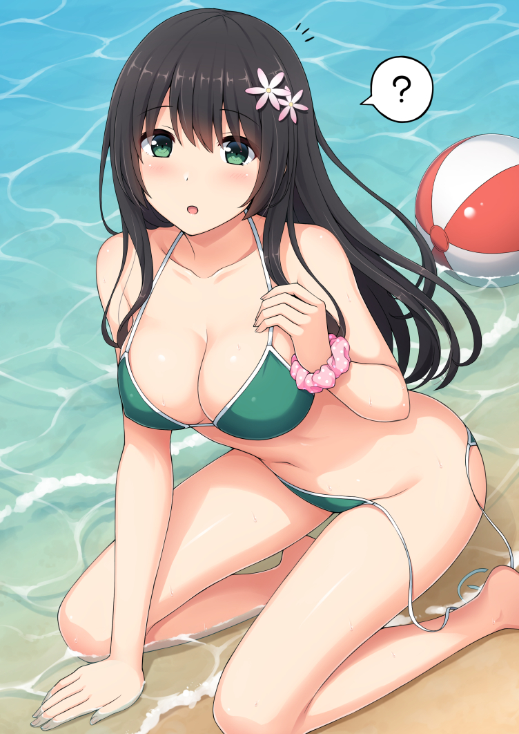 :o ? arm_support ball bangs bare_legs barefoot beach beachball bikini black_hair blush breasts caustics cleavage collarbone commentary_request day eyebrows_visible_through_hair fingernails flower green_bikini green_eyes hair_between_eyes hair_flower hair_ornament hand_up long_hair looking_at_viewer medium_breasts nakamura_sumikage navel original outdoors parted_lips pink_flower pink_scrunchie polka_dot polka_dot_scrunchie sand scrunchie shallow_water side-tie_bikini solo spoken_question_mark swimsuit untied untied_bikini very_long_hair water wrist_scrunchie