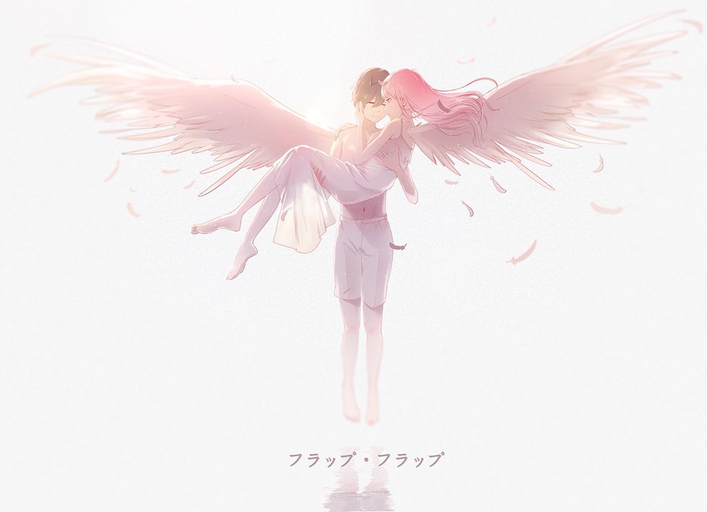 1girl bangs bare_shoulders barefoot black_hair blue_horns breasts carrying closed closed_eyes collarbone commentary couple darling_in_the_franxx dress feathers forehead-to-forehead grey_shorts hand_on_another's_back hand_on_another's_face hand_on_another's_leg hetero hiro_(darling_in_the_franxx) horns long_hair looking_at_another medium_breasts navel oni_horns pink_hair princess_carry red_horns shirtless shorts sleeveless sleeveless_dress translated umumu white_dress white_wings wings zero_two_(darling_in_the_franxx)