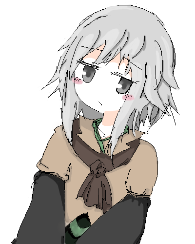1other androgynous ascot black_shirt blush_stickers brown_ascot brown_jacket closed_mouth commentary_request grey_eyes grey_hair houlen_yabusame jacket kabocha_tomato layered_sleeves len'en long_sleeves lowres no_nose oekaki other_focus pale_skin shirt short_hair_with_long_locks short_over_long_sleeves short_sleeves simple_background sketch solo white_background