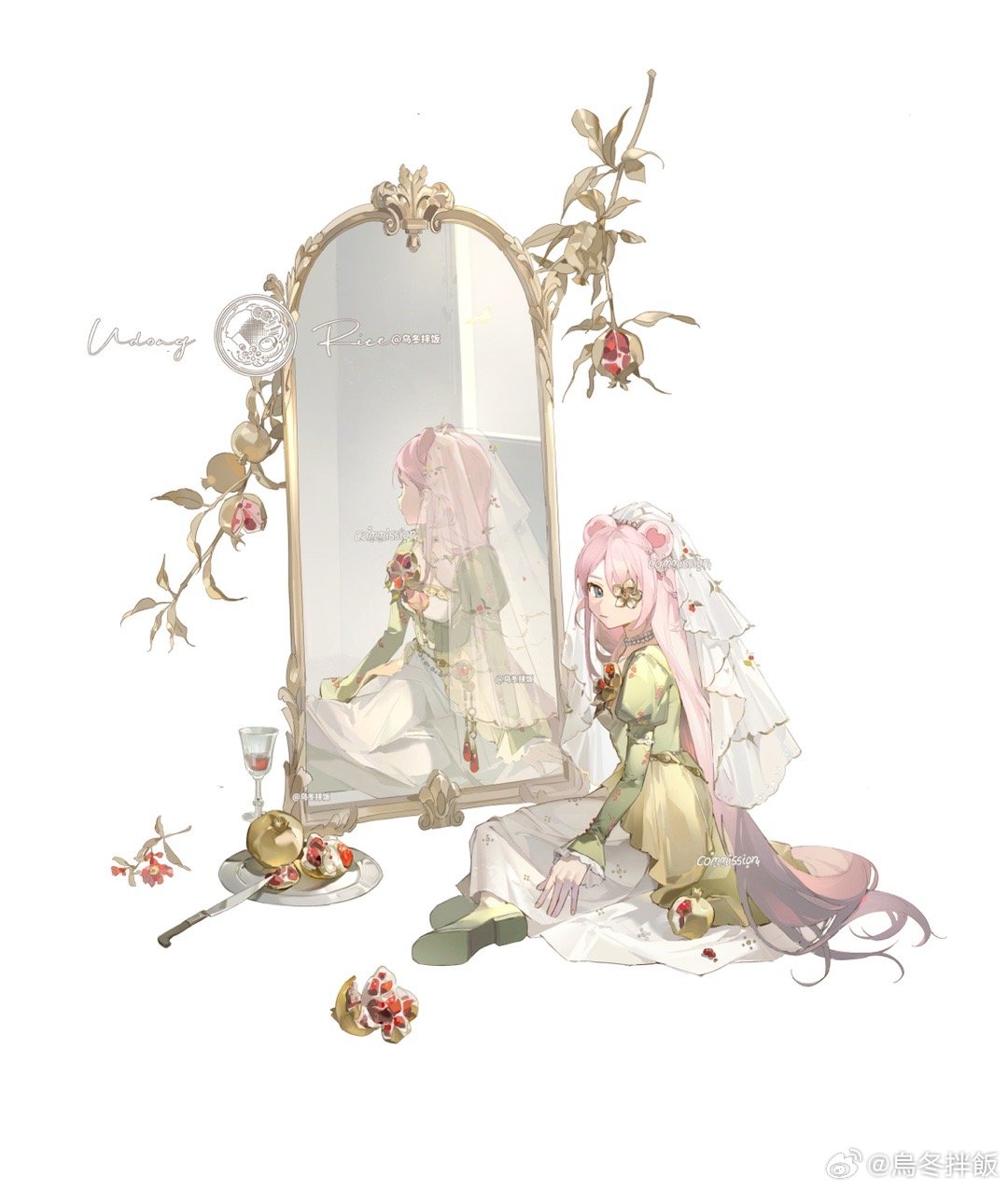 1girl alcohol animal_ears apple artist_logo artist_name bead_choker bear_ears boots chinese_commentary closed_mouth commission cup dress drinking_glass flower flower_over_eye food fruit gold golden_apple grey_eyes highres jpeg_artifacts juliet_sleeves knife long_hair long_skirt long_sleeves looking_at_viewer mirror on_floor original pink_hair plate profile puffy_sleeves red_flower reflection shoe_soles simple_background sitting skirt solo udong_rice watermark weibo_logo weibo_username white_background white_skirt white_veil wine wine_glass yellow_dress yellow_footwear