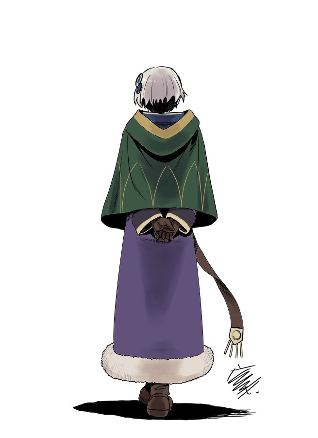 1girl arms_behind_back boots brown_footwear brown_gloves capelet commentary_request dress full_body fur-trimmed_dress fur_trim gloves green_capelet grey_hair hair_ornament hiroe_rei hood hooded_capelet long_sleeves meteora_osterreich own_hands_together palestine politics purple_dress re:creators shadow short_hair signature simple_background solo white_background with_handala_pose