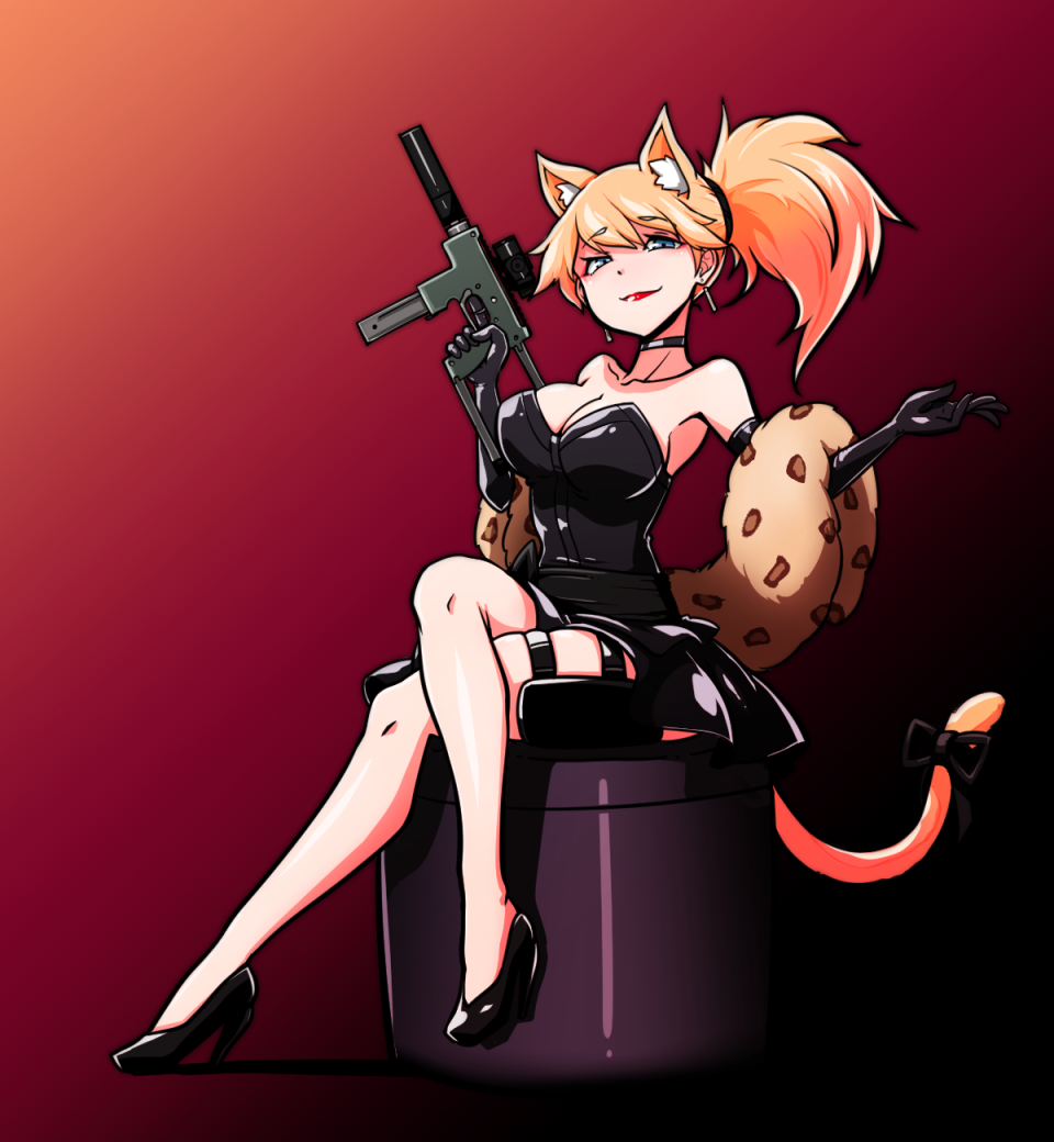 alternate_breast_size alternate_costume animal_ears animal_print black_dress black_gloves blonde_hair blue_eyes breasts cat_ears cat_tail choker cleavage collarbone commentary crossed_legs dress earrings girls_frontline gloves gun hair_between_eyes hair_ornament holster idw_(girls_frontline) jewelry leopard_print lips lipstick long_hair looking_at_viewer makeup medium_breasts older parker-hale_idw red_background red_lipstick ribbon sidelocks skirt solo stole strapless strapless_dress submachine_gun tail tail_ribbon thigh_holster thigh_strap thighs voodoowood weapon