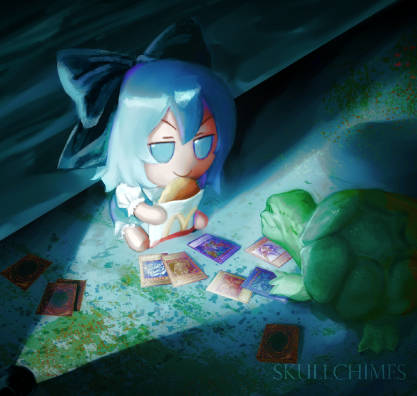 1girl animal artist_name blue_dress blue_eyes blue_hair bow card card_game cirno closed_mouth commentary commission dark dress english_commentary flashlight food full_body fumo_(doll) hair_bow hash_browns holding holding_food indoors looking_at_another mcdonald's moss playing_card sewer short_hair sitting skullchimes smile solo touhou turtle v-shaped_eyebrows water watermark yu-gi-oh!