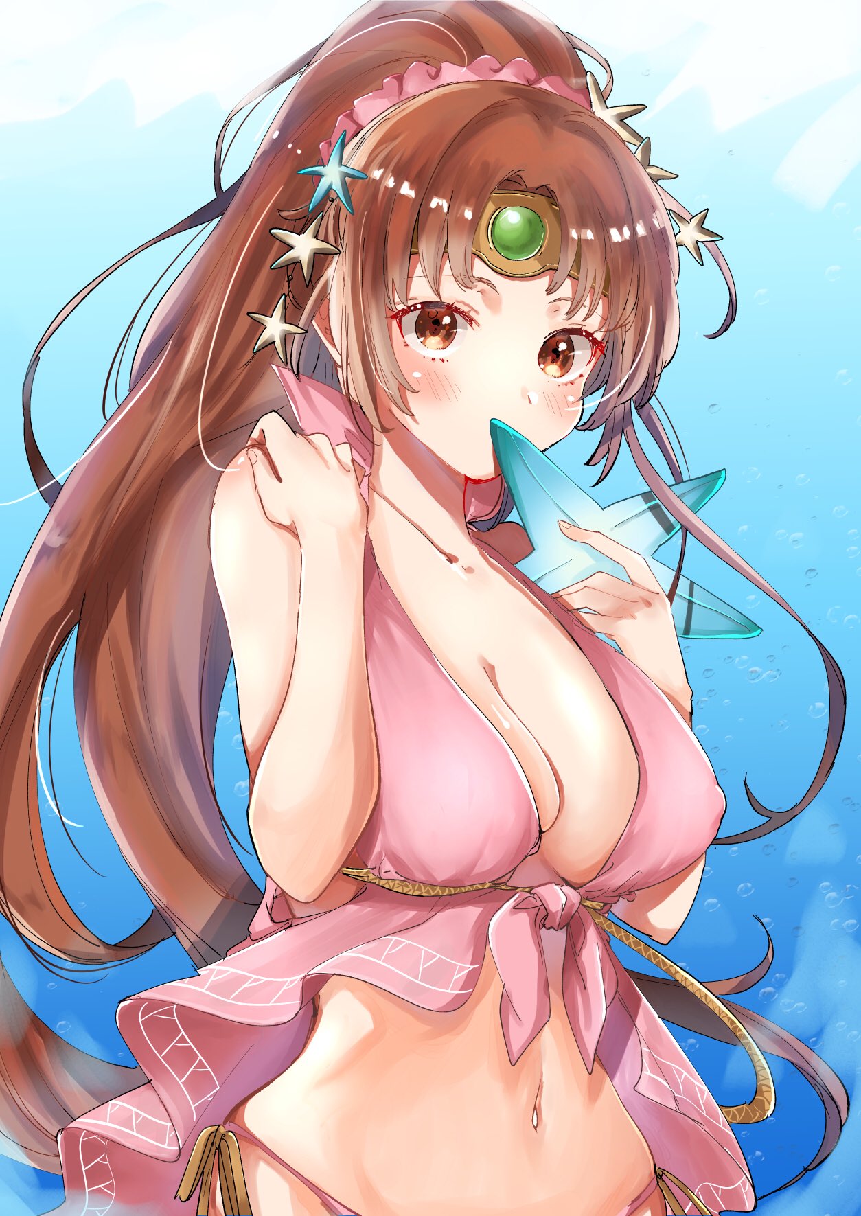 bare_shoulders blush breasts brown_eyes brown_hair bubble circlet cleavage collarbone commentary covering_mouth fire_emblem fire_emblem:_monshou_no_nazo fire_emblem_heroes hair_ornament hand_on_own_shoulder highres in_mouth large_breasts linda_(fire_emblem) long_hair midriff navel nekolook pink_swimsuit ponytail rope side-tie_bottom solo star swimsuit very_long_hair water