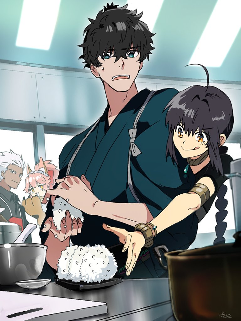 1girl 1other 2boys :q ahoge androgynous animal_ear_fluff animal_ears animal_hands archer_(fate) armlet black_hair black_hakama blue_eyes blue_kimono bow bowl bracelet braid cat_paws cooking cutting_board dark-skinned_male dark_skin fate/grand_order fate/samurai_remnant fate_(series) food fox_ears fox_girl gloves hair_bow hair_intakes hakama jade_(gemstone) japanese_clothes jewelry kimono miyamoto_iori_(fate) multiple_boys necklace onigiri orange_eyes paw_gloves paw_shoes pink_hair pirohi_(pirohi214) red_bow rice_cooker shamoji sidelocks single_braid smile sweat tamamo_(fate) tamamo_cat_(fate) tasuki tongue tongue_out topknot white_hair yamato_takeru_(fate)