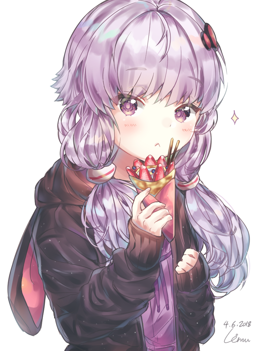 2018 :&lt; animal_hood artist_name bangs black_jacket blush bunny_hood closed_mouth dated eyebrows_visible_through_hair food fruit hair_ornament holding hood hood_down hooded_jacket jacket long_hair long_sleeves low_twintails open_clothes open_jacket pocky purple_eyes purple_hair rimu_(gucg8333) simple_background sleeves_past_wrists solo sparkle strawberry twintails upper_body vocaloid voiceroid white_background yuzuki_yukari