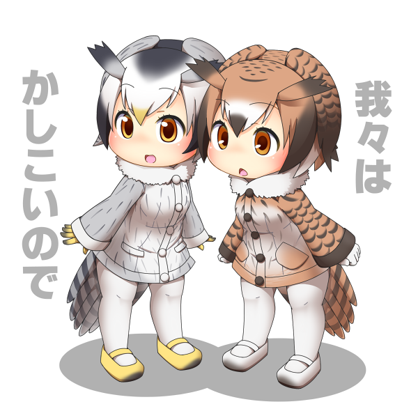 :d :o bangs bird_tail black_hair blonde_hair brown_hair buttons chibi coat commentary_request eurasian_eagle_owl_(kemono_friends) eyebrows_visible_through_hair full_body fur_collar gloves grey_hair hair_between_eyes hinotama_(hinotama422) kemono_friends legs_apart long_sleeves mary_janes multicolored_hair multiple_girls no_nose northern_white-faced_owl_(kemono_friends) open_mouth orange_eyes pantyhose shadow shoes short_hair smile standing tail translated white_footwear white_gloves white_hair yellow_footwear