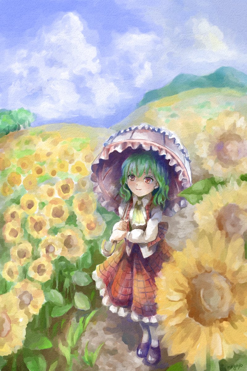 artist_name bangs blue_sky brown_footwear cloud cravat day flower frilled_skirt frills from_above full_body garden_of_the_sun green_hair hair_between_eyes highres hill holding holding_umbrella kazami_yuuka loafers long_sleeves looking_away looking_up mountain nagayo open_clothes open_vest outdoors pantyhose plaid plaid_skirt plaid_vest red_eyes shirt shoes short_hair skirt sky smile solo standing summer sunflower touhou umbrella untucked_shirt vest white_legwear white_shirt yellow_neckwear