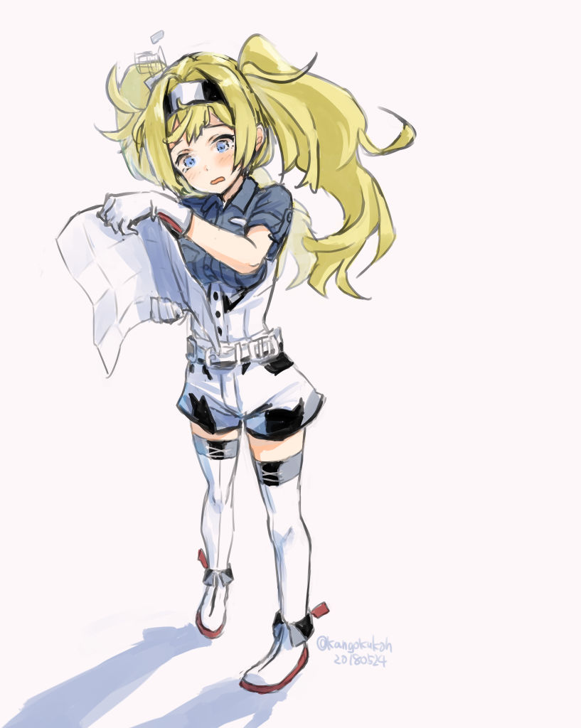 blonde_hair blue_eyes blue_shirt breast_pocket collared_shirt dated full_body gambier_bay_(kantai_collection) gloves hair_between_eyes hairband head_tilt kangoku_kou kantai_collection map_(object) multicolored multicolored_clothes multicolored_gloves pocket shadow shirt short_sleeves shorts simple_background solo standing tearing_up thighhighs twintails twitter_username white_background white_legwear