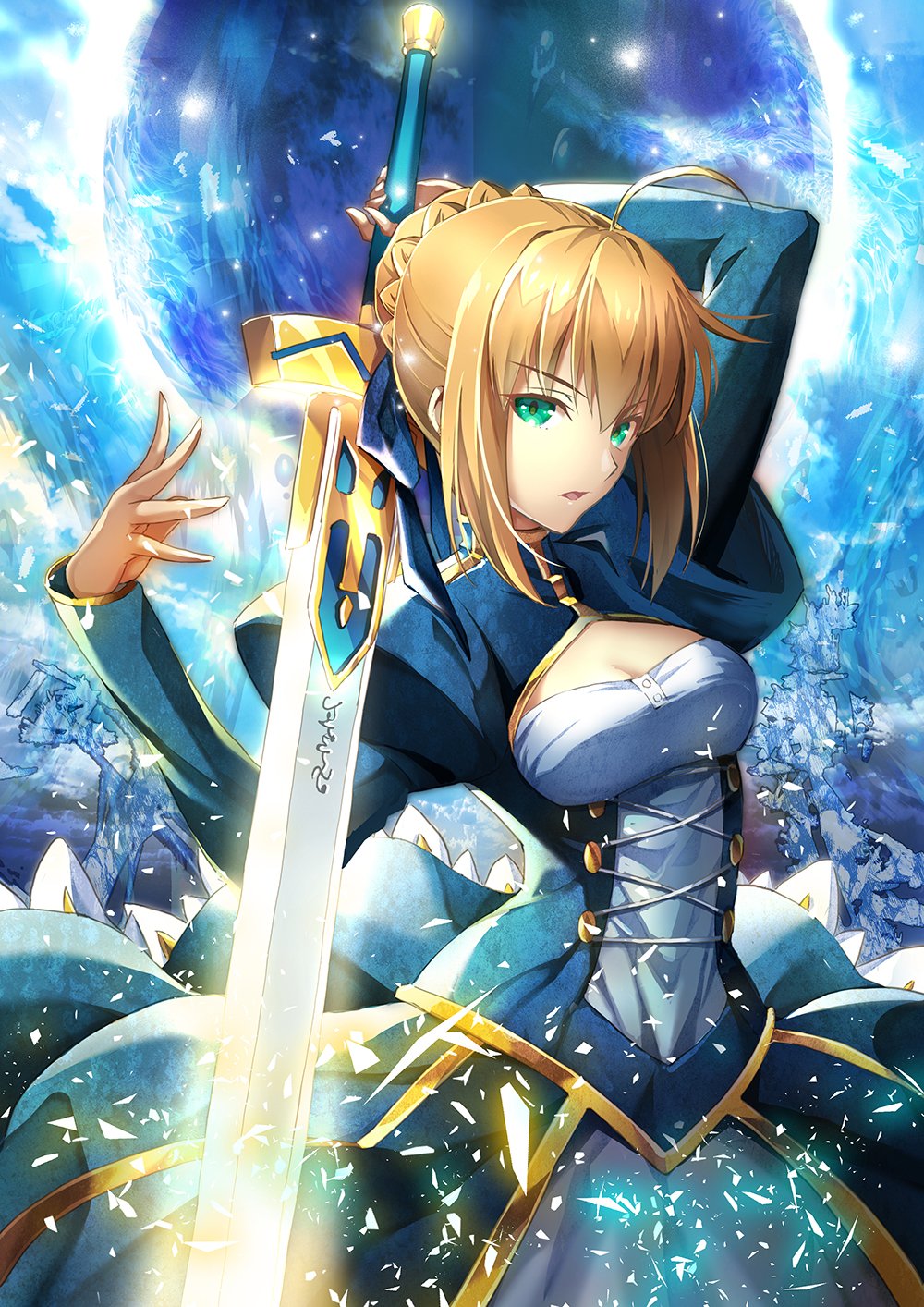 1girl ahoge arms_behind_back arms_up artoria_pendragon_(fate) blonde_hair blue_dress braid cleavage_cutout clothing_cutout dress excalibur_(fate/stay_night) fate/stay_night fate_(series) french_braid green_eyes highres juliet_sleeves long_sleeves puffy_sleeves saber_(fate) suishougensou sword weapon