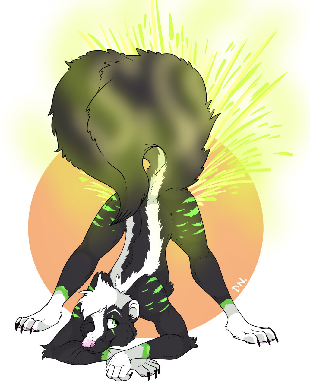 anthro claws fart fur hi_res jack-o'_pose looking_back male mammal mephitid multicolored_body multicolored_fur paws pose raised_tail ravick_the_skunk rockyjstinkston skunk skunk_spray skunk_tail smelly solo tail