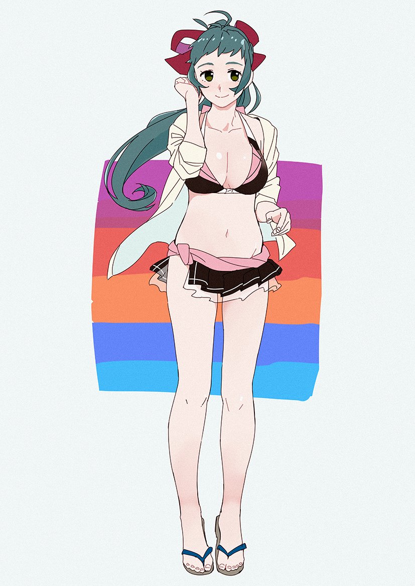 adapted_costume bikini bikini_skirt black_bikini breasts cleavage full_body green_eyes green_hair hair_ribbon irako_(kantai_collection) kantai_collection large_breasts long_hair multicolored multicolored_background navel necktie ojipon open_clothes ponytail red_ribbon ribbon sandals shirt solo standing swimsuit white_background white_shirt