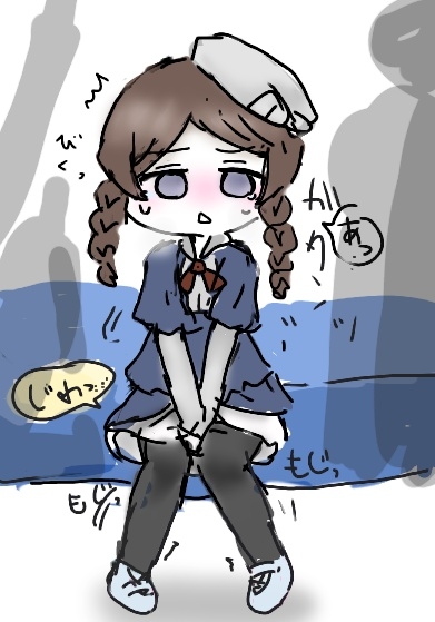 1girl artist_request between_legs black_legwear blank_eyes blue_dress blue_eyes blush braid breath brown_hair dress embarrassed female full_body hand_between_legs hands_together have_to_pee japanese_text knees_together_feet_apart long_sleeves neck_ribbon nose_blush open_mouth original pantyhose pigeon-toed red_neckwear red_ribbon ribbon shoes short_over_long_sleeves short_sleeves silhouette sitting sketch solo speech_bubble sweat tears tied_hair train_interior translation_request trembling twin_braids v_arms white_footwear