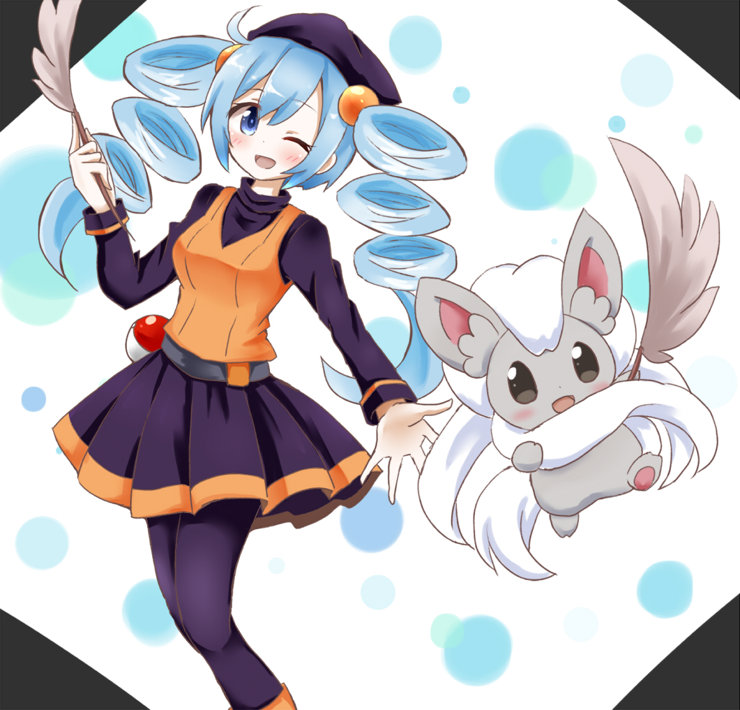 1girl ;d ace_trainer_(pokemon) black_pantyhose black_shirt black_skirt blue_eyes blue_hair blush cinccino drill_hair feathers hachimi holding holding_feather long_hair long_sleeves looking_at_viewer one_eye_closed open_mouth orange_shirt pantyhose pleated_skirt poke_ball poke_ball_(basic) pokemon pokemon_(creature) pokemon_bw shirt shirt_under_shirt skirt smile twin_drills waist_poke_ball