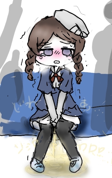 1girl artist_request between_legs black_legwear blank_eyes blue_dress blue_eyes blush braid breath brown_hair dress embarrassed female full_body hand_between_legs hands_together have_to_pee japanese_text knees_together_feet_apart long_sleeves neck_ribbon nose_blush open_mouth original pantyhose peeing peeing_self pigeon-toed puddle red_neckwear red_ribbon ribbon shoes short_over_long_sleeves short_sleeves silhouette sitting sketch solo sweat tears tied_hair train_interior translation_request trembling twin_braids v_arms wet wet_clothes white_footwear