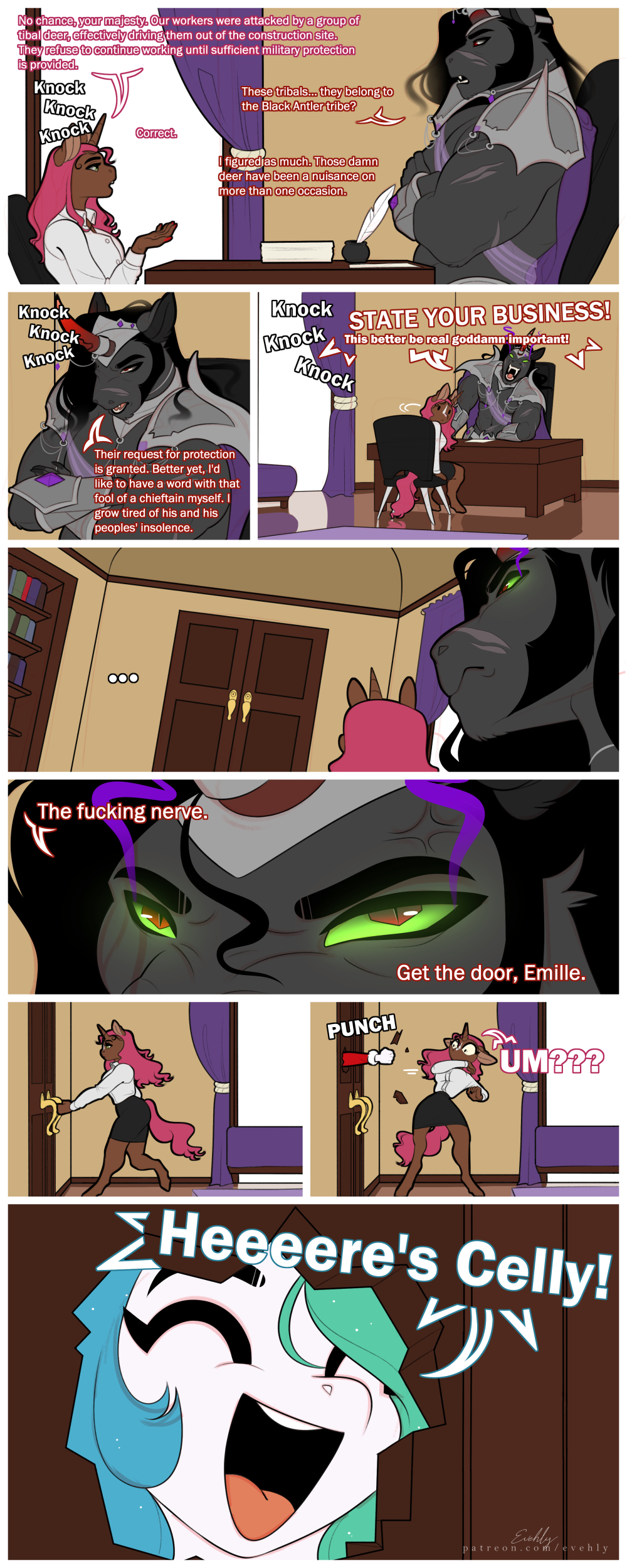 absurd_res anthro black_body black_hair bottomwear brown_body chair clothed clothing comic dialogue english_text equid equine evehly eyes_closed fan_character female friendship_is_magic furniture glowing glowing_eyes green_sclera group hair hasbro hi_res horn inside king_sombra_(mlp) long_hair male mammal multicolored_hair my_little_pony open_mouth pink_hair princess_celestia_(mlp) red_eyes scar signature sitting skirt text tongue topwear trio unicorn unicorn_horn url
