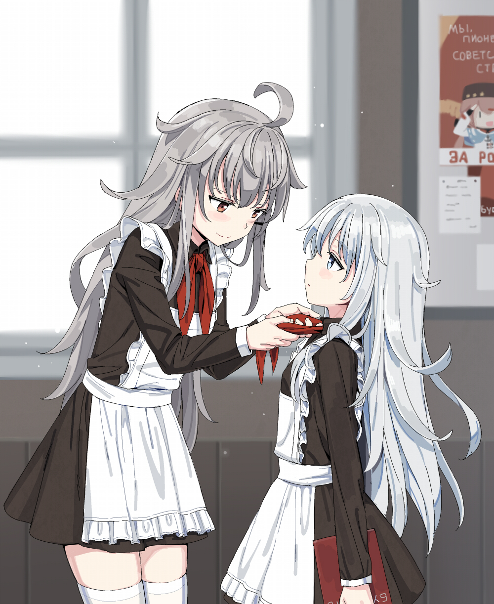 adjusting_clothes ahoge alternate_costume apron arms_at_sides bad_id bad_pixiv_id black_dress blue_eyes blush cnm colored_eyelashes deformed dress dressing_another gangut_(kantai_collection) hair_between_eyes height_difference hibiki_(kantai_collection) highres indoors jitome kantai_collection leaning_forward long_hair looking_at_another multiple_girls poster_(object) red_eyes school_uniform silver_hair smile soviet sunlight tashkent_(kantai_collection) thighhighs white_legwear window wooden_wall zettai_ryouiki