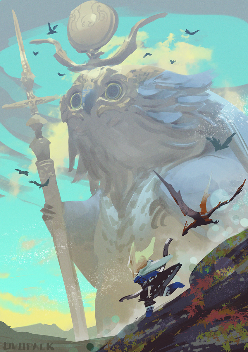 1other ambiguous_gender animal animal_ears artist_name bird blonde_hair blue_footwear blue_sky boots bow_(weapon) cloud colossus commentary dragon from_behind headpiece highres holding holding_bow_(weapon) holding_sword holding_weapon knee_boots mountainous_horizon murayama_ryouta original outdoors oversized_animal owl running scenery short_hair signature simple_bird size_difference sky sword weapon wide_shot