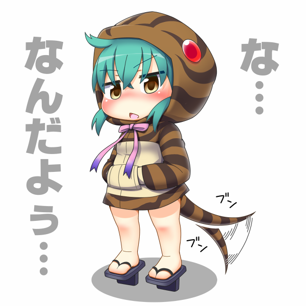 afterimage aqua_hair bangs blush commentary_request crossed_bangs eyebrows_visible_through_hair full_body hair_between_eyes hands_in_pockets hinotama_(hinotama422) hood hood_up hoodie kemono_friends long_sleeves looking_at_viewer no_nose open_mouth pink_ribbon ribbon simple_background snake_tail solo standing striped_tail tail tail_wagging translated tsuchinoko_(kemono_friends) white_background yellow_eyes