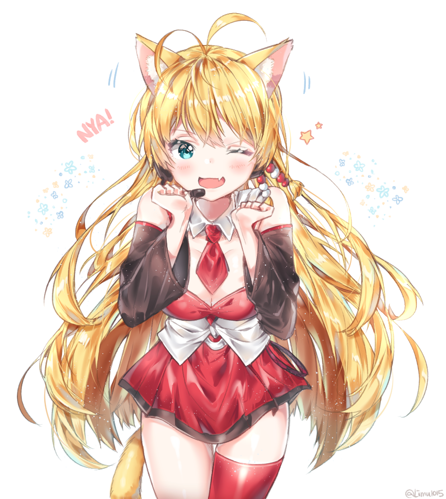 ;d animal_ears antenna_hair bangs bare_shoulders blonde_hair blue_eyes blush breasts cat_ears cat_tail cleavage cowboy_shot detached_collar detached_sleeves fang headset kemonomimi_mode long_hair long_sleeves looking_at_viewer medium_breasts microphone motion_lines necktie one_eye_closed open_mouth red_legwear red_neckwear rimu_(gucg8333) short_necktie single_thighhigh smile solo star tail thigh_gap thighhighs thighs tsurumaki_maki twitter_username very_long_hair voiceroid