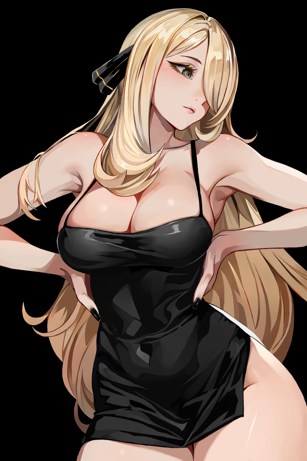 1girl black_background black_dress black_nails blonde_hair breasts cleavage closed_mouth covered_navel cowboy_shot cynthia_(pokemon) dress facing_viewer grey_eyes hair_ornament hair_over_one_eye highres large_breasts lips long_hair looking_to_the_side making-of_available pokemon pokemon_dppt short_dress simple_background solo thighs tor_(torkrub111) very_long_hair