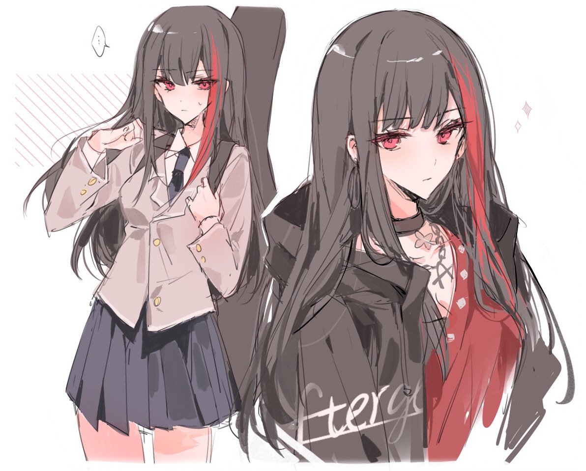 ... 1girl alternate_hair_length alternate_hairstyle bang_dream! black_choker black_hair black_jacket blazer blue_necktie blue_skirt border breasts choker closed_mouth collared_shirt dress_shirt earrings grey_jacket hand_up haneoka_school_uniform hood hood_down hooded_jacket instrument_case instrument_on_back jacket jewelry long_hair long_sleeves looking_at_viewer m_omoo medium_breasts mitake_ran multicolored_hair multiple_views necktie pleated_skirt red_eyes red_hair red_shirt school_uniform shirt simple_background skirt sparkle spoken_ellipsis streaked_hair sweatdrop white_background white_border white_shirt