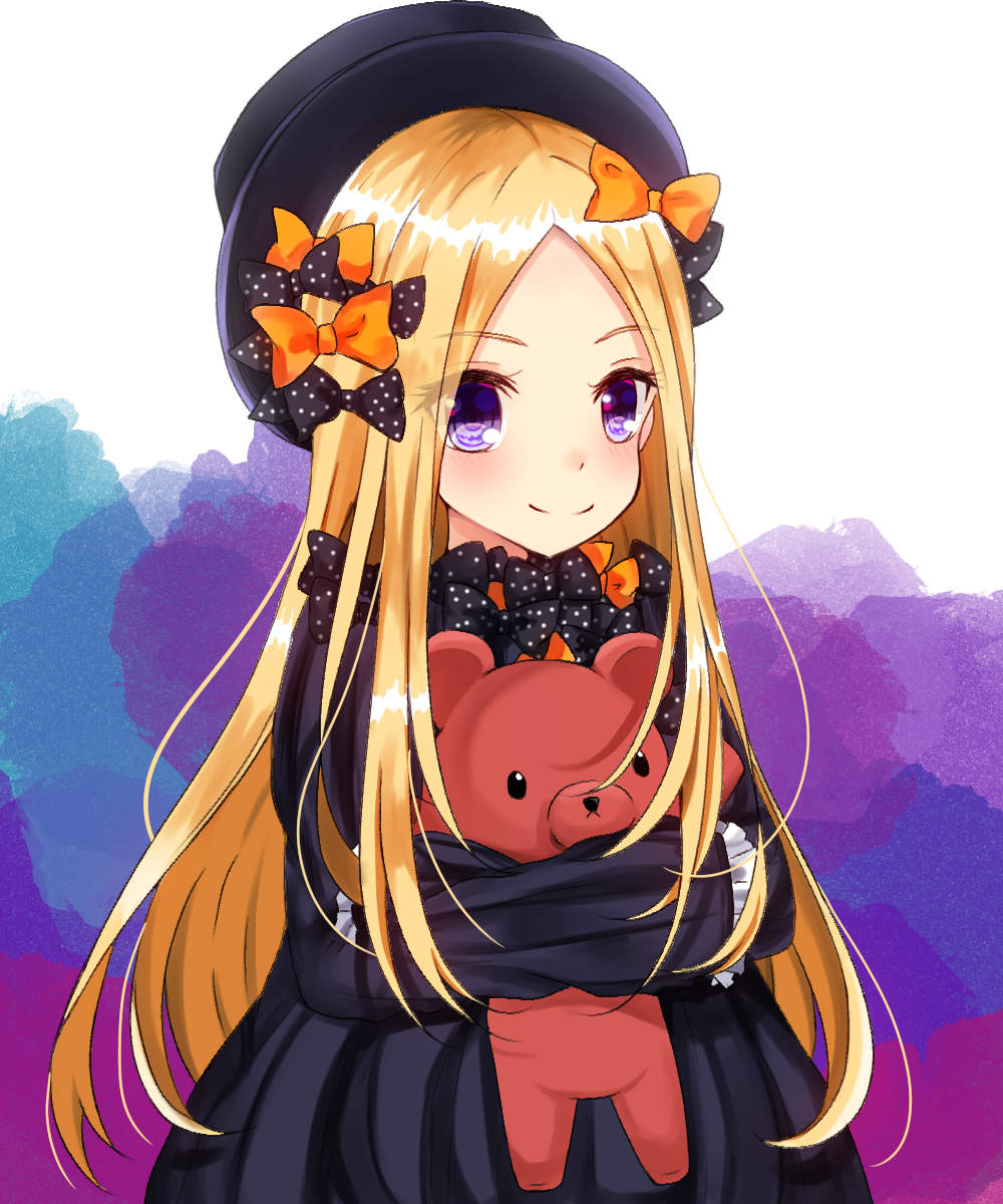 abigail_williams_(fate/grand_order) bangs black_bow black_dress black_hat blonde_hair blush bow closed_mouth commentary dress eyebrows_visible_through_hair fate/grand_order fate_(series) forehead hair_bow hat highres long_hair long_sleeves looking_at_viewer object_hug orange_bow parted_bangs polka_dot polka_dot_bow purple_eyes sleeves_past_fingers sleeves_past_wrists smile solo stuffed_animal stuffed_toy teddy_bear very_long_hair yuuki_(snow-rain00)