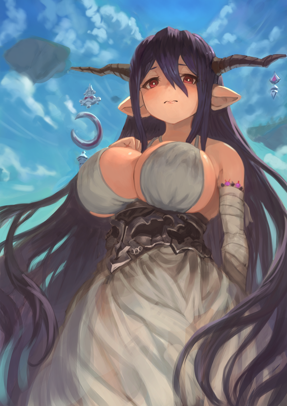 1girl at bandage bandaged_arm bandages blue_sky breasts cleavage cloud danua day draph_race_(granblue dress ears exposed_shoulders eyes fantasy) female granblue_fantasy hair horns large_breasts long looking pointed red sky solo standing takup viewer white_dress