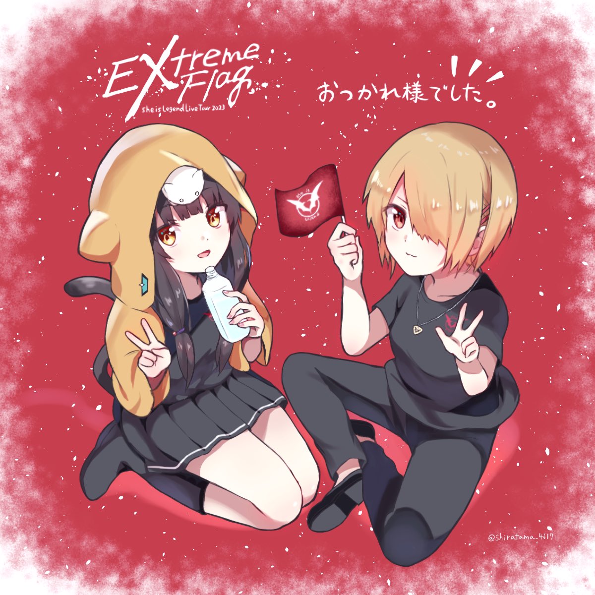 2girls :3 alternate_costume animal_on_head asakura_karen_(heaven_burns_red) black_pants black_shirt black_skirt blonde_hair blunt_bangs bottle brown_eyes brown_hair casual cat cat_on_head cat_tail closed_mouth commentary_request flag from_above full_body hair_over_one_eye hands_up heaven_burns_red highres holding holding_bottle holding_flag hood hood_up hooded_jacket indian_style jacket kayamori_ruka long_hair looking_at_viewer low-tied_long_hair low_twintails miniskirt multiple_girls notice_lines on_head one_eye_covered open_clothes open_jacket open_mouth orange_jacket pants pleated_skirt red_background red_eyes red_flag seiza shira_461 shirt short_hair short_sleeves simple_background sitting skirt smile tail translation_request twintails v w