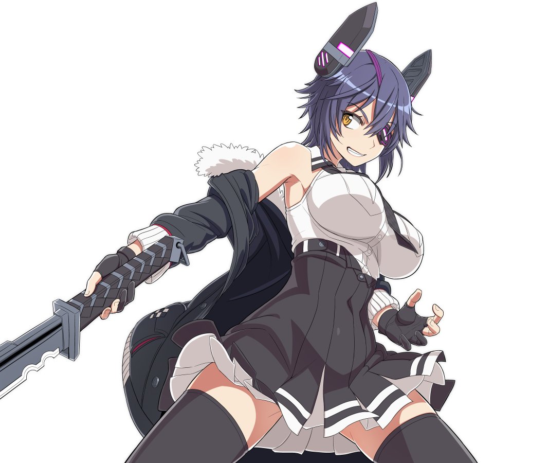 black_gloves black_jacket black_skirt breasts checkered checkered_neckwear eyepatch fur-trimmed_jacket fur_trim gloves headgear jacket kantai_collection large_breasts nanashino necktie open_clothes open_jacket partly_fingerless_gloves pleated_skirt purple_hair remodel_(kantai_collection) school_uniform short_hair simple_background skirt solo sword tenryuu_(kantai_collection) thighhighs weapon white_background yellow_eyes